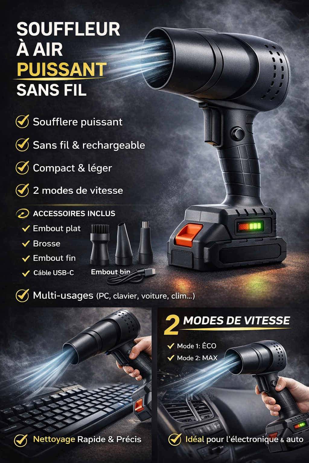 Puissant souffleur a air sans-fil 1050W